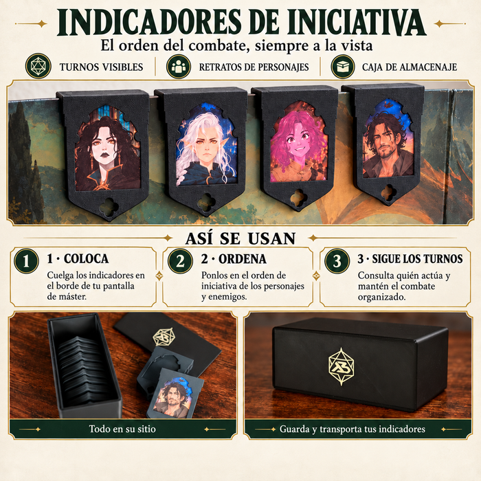 Marcadores de iniciativa para pantalla de DM (10 uds.) + caja organizadora